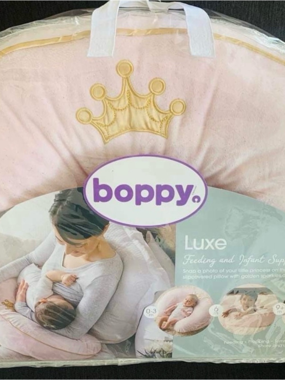 Boppy Luxe Nursing Pillow in Light Pink with Gold Crown Embroidery